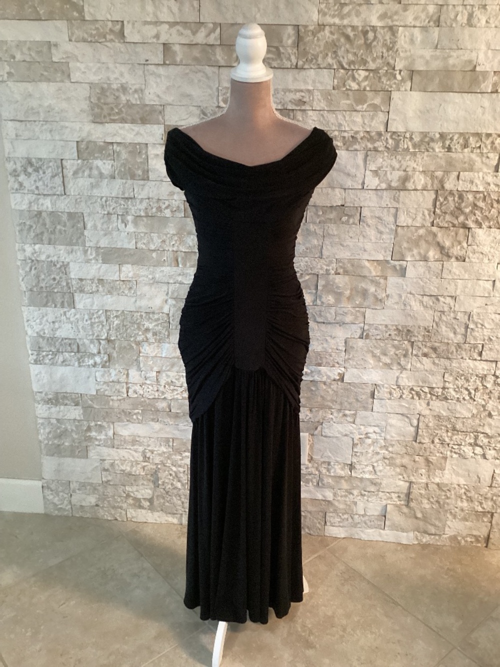 Joseph Ribkoff Vintage Off-the-Shoulder Ruched Maxi Evening Gown Black US 8